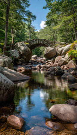A stone bridge arches gracefully over a calm river, reflecting the surrounding lush green forest and blue sky. The image showcases a natural outdoor setting with sunlight filtering through the trees. Suitable for environmental themes, travel promotions, or artistic projects, the scene offers a tranquil visual appeal.の素材