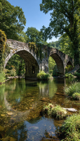 An old stone bridge with arched openings spans a calm river. Abundant greenery and trees frame the bridge and reflect in the water. The scene shows a natural composition with abundant daylight, creating a tranquil atmosphere that is suitable for travel and landscape content.の素材