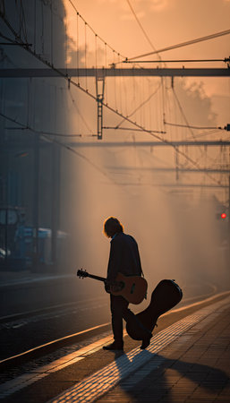 A lone figure stands on a train platform holding a guitar and case. The scene is bathed in warm, golden light, suggesting either sunrise or sunset. The composition features a silhouette against a hazy background. It could be used for advertising campaigns or editorial content related to travel and music.の素材