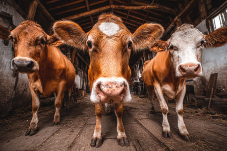 Three cows stand closely together, facing the camera directly inside a barn. The animals display a mix of reddish-brown and white coloring. A wooden structure provides the background and a warm lighting effect. This image could be used for various purposes, potentially for agricultural or environmental content.の素材