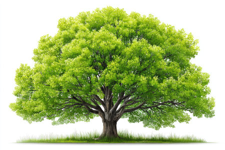 An illustration presents a mature tree with full, green foliage against a bright white backdrop. The artwork displays a detailed trunk and branches, showcasing a healthy, thriving tree. This image could be used for diverse applications, including educational materials, design projects, or environmental concepts.の素材