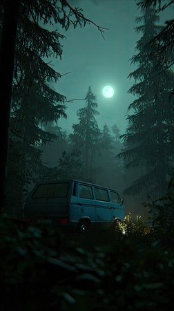 A blue van sits in a dense forest under a full moon. The scene features dark green foliage and a dim, atmospheric glow. The composition emphasizes vertical lines and a mysterious ambiance, possibly suitable for illustrating travel or environmental concepts. The image could be used in various commercial projects.の素材