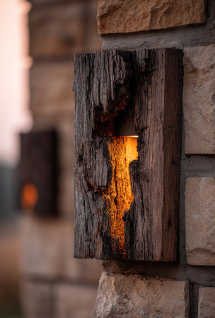 A textured wooden light fixture is mounted on a stone wall, emitting a warm, golden glow. The close-up perspective focuses on the detailed grain of the wood and the rough surface of the stone. This image, with its inviting light, would be appropriate for home decor or architectural uses.の素材