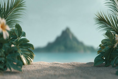 A serene beach scene features foreground sand, lush green foliage, and a blurred mountainous island in the distance. The composition utilizes a soft, desaturated color palette. The image could be suitable for travel, environmental, or promotional content. The style leans towards a dreamy, relaxed vibe.の素材