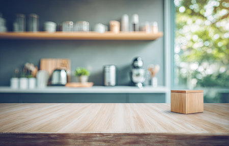 A light-colored wooden table holds a small box in a kitchen with blurred background. The composition features soft focus on the background, featuring a countertop, shelves, and window, creating a bright atmosphere. The image suggests a setting for product placement or design presentations and commercial projects.の素材