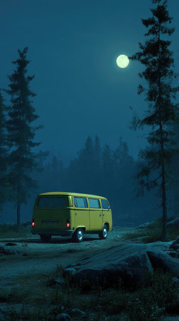 A yellow camper van is parked on a road in a forest at night. The scene is lit by the moon, creating a tranquil and cool atmosphere. The composition suggests an outdoor adventure. This image could be used for travel, lifestyle, and exploration-themed projects.の素材