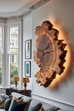 A large, organic wood slice serves as a decorative wall element in a domestic interior. It is illuminated with warm, ambient lighting, accentuating its natural textures and dark brown tones. The composition features a neutral color palette, natural light, and traditional architectural details, suggesting potential use in home decor or design-related projects.の素材