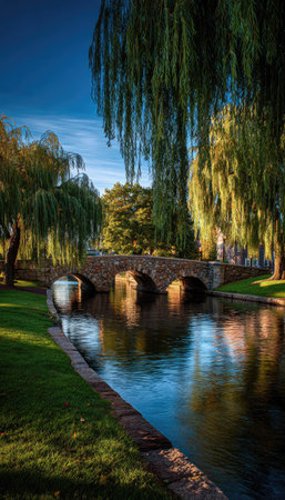 A picturesque waterside scene features a stone bridge arched over calm water. Sunlight filters through the overhanging green trees creating a contrast of light and shadow. This image presents an outdoor setting, ideal for illustrating nature or travel themes and suitable for a variety of commercial uses.の素材