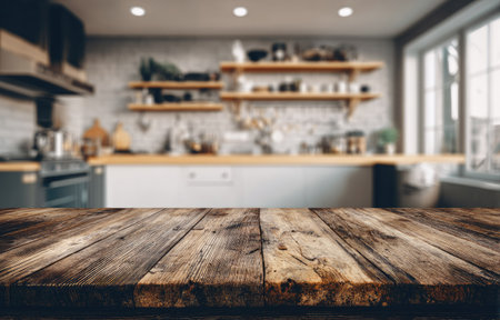 A rustic wooden table is in sharp focus against a blurred kitchen backdrop. The warm-toned table contrasts with the cooler colors of the kitchen, featuring a bright window and shelves. The image uses soft lighting and a shallow depth of field. Suitable for showcasing products or illustrating culinary concepts.の素材