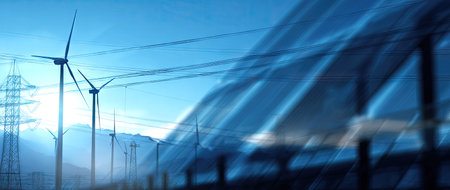 The image features wind turbines generating power, set against a blue sky. Power lines and other infrastructure elements are also present. The composition uses a cool color palette. Suitable for commercial use in projects related to renewable energy and technological advancement. The image suggests a daytime environment.の素材
