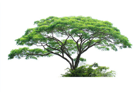 This image features a large, green tree against a clean white backdrop. The tree displays lush foliage, with a sprawling canopy. The composition showcases the natural form, with detailed branches and leaves. Suitable for diverse uses including digital design, educational materials, and illustrative purposes, offering creative flexibility.の素材