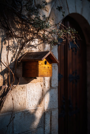 A rustic wooden birdhouse is mounted on a textured stone wall, casting shadows with natural sunlight. The scene features a wooden door, possibly indicating an outdoor setting. This image is suitable for various applications, including editorial content, stock photos, and commercial projects.の素材