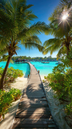 A wooden pier stretches towards turquoise water under a bright blue sky. Lush palm trees and green foliage frame the pathway, creating a natural border. The image features a sunny day and showcases clear water and a distant view suitable for travel or vacation related uses.の素材