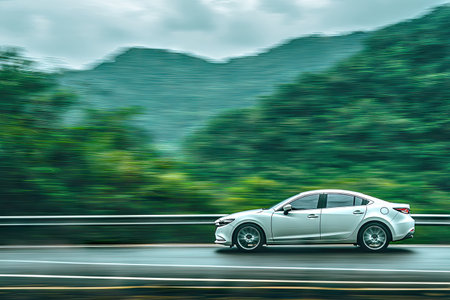 A white sedan is captured in motion on a road, set against a backdrop of blurred green trees and mountains. The composition highlights the car's sleek design with a shallow depth of field. The image could be used in transportation or travel related projects.の素材