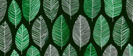 An artistic illustration showcases repeating patterns of leaves in varying shades of green and white. The graphic elements are arranged over a dark background, creating a seamless look. This design may be suited for textile prints, graphic designs, and other decorative applications. The artwork embodies a sense of nature.の素材
