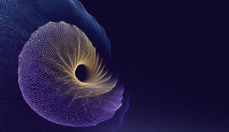This abstract artwork depicts a digital spiral composed of intricate lines and dots, rendered in shades of blue and yellow. The composition showcases a dark backdrop with a focus on the glowing, textured form. Its design lends itself to uses in technology, design, or conceptual presentations.の素材