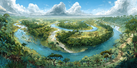 A vibrant illustration depicts a river meandering through a dense, green forest. The image features a high-angle perspective, with dynamic water, and expansive foliage. A bright, cloudy sky enhances the scene, suggesting daylight. This image could be used in publications or for design projects.の素材