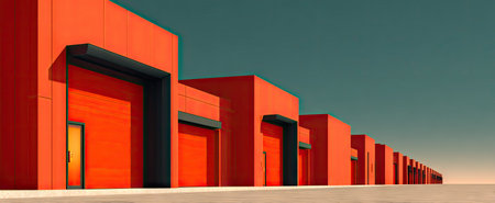 The image presents a row of abstract orange buildings with dark entrances. The scene features a minimalist style, with solid colors and clean lines. The composition suggests an outdoor setting, under a teal-colored sky. The artwork is suitable for various commercial applications.の素材
