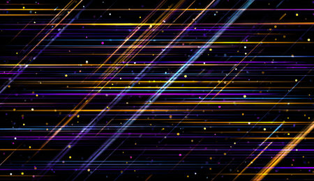 This graphic showcases an abstract composition featuring bright, intersecting lines and small particles. The vibrant color palette includes shades of yellow, purple, and blue against a dark background. The linear elements create a sense of movement. This visual could be used in presentations, websites, and various design projects.の素材