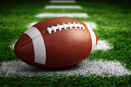A brown American football rests on a green field marked with white yard lines. The ball features white laces and stitching. The image displays an overhead composition with close-up details. This photo could be used for sports-related articles, advertisements, or educational materials.の素材