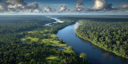 An aerial perspective presents a wide river flowing through a dense, green forest. The image displays a natural landscape, featuring lush vegetation and clear water. The scene is illuminated by daylight and an overcast sky, suitable for environmental or travel-related content.の素材