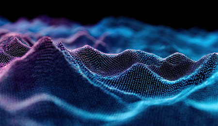 This image displays an abstract digital landscape comprised of glowing, interconnected particles forming undulating wave-like patterns. The color palette includes shades of blue and purple, creating a dynamic visual effect. The composition suggests a futuristic or technological environment, suitable for various commercial applications.の素材