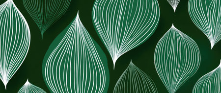 The image presents an abstract design featuring multiple leaf-like shapes. Each element has a smooth, green center with white linear details. The composition uses repeating forms against a darker background. The aesthetic might be suitable for various applications such as textile design or digital backgrounds. It evokes a feeling of natural shapes.の素材