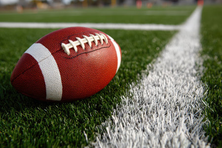 An American football rests on a vibrant green field beside a white boundary line. The image showcases the ball's texture and stitching, set against a backdrop of the lush, grassy surface. Ideal for illustrating concepts related to sports, recreation, or competitions, the image offers versatile usage.の素材