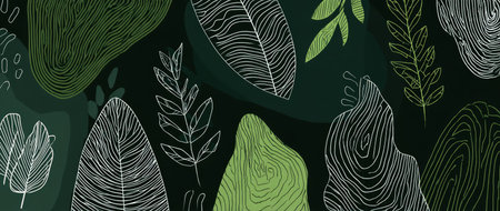 This abstract illustration features an arrangement of stylized leaves and organic forms. The composition is dominated by shades of green and dark backgrounds. The style evokes a natural theme. Suitable for use in a variety of design projects, this image offers visual appeal for various commercial purposes.の素材