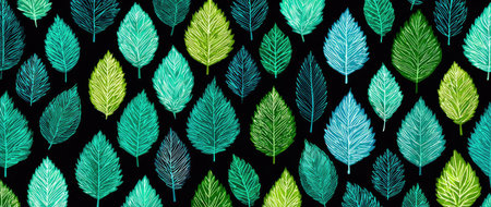 This image displays a vibrant, abstract pattern composed of various green leaves against a stark black backdrop. The leaves, in shades of teal, green, and blue, feature intricate details and textures. The overall composition suggests a natural or botanical theme, suitable for diverse commercial applications.の素材
