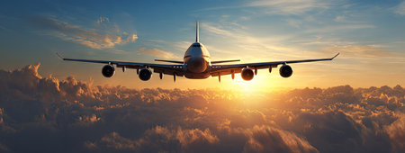 An airplane soars gracefully through the sky, positioned above a sea of fluffy clouds. The image showcases vibrant colors of blue and gold, suggesting a daytime setting with bright sunlight. The composition is suitable for various uses, including marketing, advertising, and illustrative content.の素材