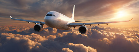A commercial airplane soars above a dense cloud cover during daytime. The aircraft, a key visual element, is set against a backdrop of a bright, sunlit sky. The image employs warm colors, creating an atmosphere ideal for travel, transportation, and tourism-related projects. The visual could be used for both editorial and commercial purposes.の素材