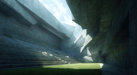 A digitally rendered illustration depicts an abstract stadium setting. Angular, light-toned concrete structures contrast with a patch of green grass illuminated by bright sunlight. The composition showcases a blend of geometric forms and shadows, suggesting a modern, open-air venue. Suitable for conceptual designs or visual assets.の素材