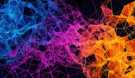 This image showcases an abstract composition featuring interconnected geometric shapes in a vibrant array of colors including orange, blue, and purple. The style exhibits a network-like structure with lines connecting the shapes against a dark background. It can be used for commercial projects.の素材