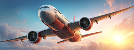 A commercial airplane is depicted in flight against a backdrop of a blue sky and the setting sun. The aircraft is seen from a low angle with the wings and engines visible. The composition emphasizes the motion and the vastness of the sky, suggesting concepts like travel or transport. Suitable for various commercial purposes.の素材