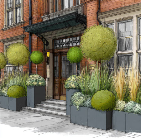 An architectural illustration depicts an entrance with stylized topiary trees and various plants set in modern rectangular planters. The artwork features a building facade of red brick and detailed windows. The lighting appears to be a mix of sunlight and ambient, creating a balanced composition suitable for commercial projects.の素材