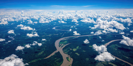 The image presents an aerial perspective of a river meandering through dense forests, under a vibrant blue sky filled with white clouds. The scene displays a natural, wide composition with varying shades of green and brown. This photograph could be used for environmental, travel, or landscape themed projects.の素材
