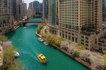 An overhead shot features a turquoise river winding between tall buildings. A yellow boat sails along the water. The architecture includes modern skyscrapers and older structures. The composition highlights the city's urban layout, trees, and bridges. The image could be used in travel articles or promotional materials.の素材