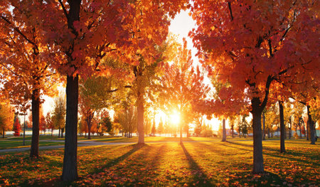 The image showcases trees displaying vibrant autumn foliage under the warm glow of the sun. The composition emphasizes the rich colors and the interplay of light and shadow. This picturesque scene conveys a sense of tranquility and natural beauty. It could be used in various commercial or editorial contexts, from advertising to decorative purposes.の素材