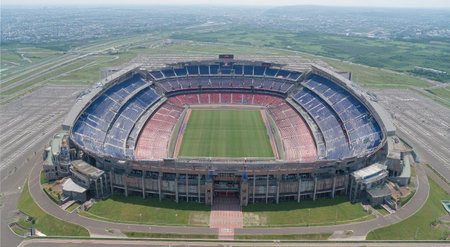 An elevated perspective captures a large stadium featuring a green field surrounded by seating. The structure showcases a symmetrical design with varying shades of blue. The image suggests an outdoor setting, possibly during daylight, and is suitable for commercial purposes.の素材