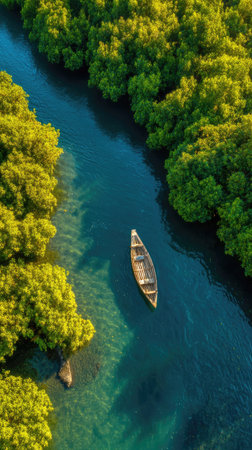 An overhead shot features a small boat gliding on a calm, turquoise river, flanked by lush green trees. The image displays clear water and dappled sunlight. Suitable for projects exploring nature, travel, or ecological themes. It could be used for commercial purposes.の素材