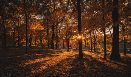 An autumnal forest is depicted, with the sun shining through the trees. The composition uses warm colors like gold, brown, and red, highlighting the season. The scene is illuminated by sunlight creating shadows, hinting at a daytime environment, perfect for commercial or editorial use.の素材