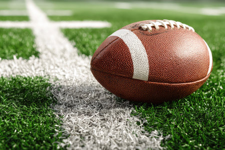 An American football rests on green grass next to white marking lines, suggesting a game in progress. The textured brown ball contrasts with the vibrant green of the turf, with a composition that offers copy space. The image could be used for sports-related editorials or commercial projects.の素材