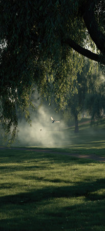 A tranquil outdoor scene showcases a park with lush green grass, framed by trees and diffused light. The image features a soft, hazy atmosphere with birds flying, creating a sense of depth and space. The lighting suggests either early morning or late afternoon, suitable for commercial and editorial uses.の素材