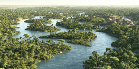 An aerial perspective reveals a wide river meandering through a lush green tropical forest. The image showcases a dense canopy of trees surrounding the waterways. The natural environment suggests exploration, conservation, and travel themes suitable for various commercial projects.の素材