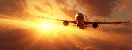 A commercial airplane is captured mid-flight against a vibrant sunset. The image showcases the aircraft's silhouette with rich orange and yellow hues illuminating the sky. This dramatic scene portrays a sense of travel, aviation, and adventure, suitable for various editorial and commercial purposes.の素材