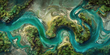 An aerial perspective captures a vibrant river system carving its way through a landscape of green islands. The turquoise water contrasts with the earthy tones of the terrain, showcasing natural textures and patterns. This image could be used for environmental, travel, or abstract design purposes, offering a visually appealing element.の素材