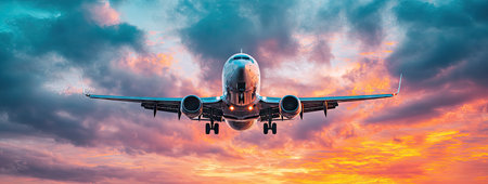 A passenger airplane is shown in mid-air, set against a backdrop of a vivid sunset. The composition features striking colors and highlights the aircraft's silhouette. The lighting suggests an outdoor setting, potentially used for travel and transportation themes in various commercial or editorial applications.の素材