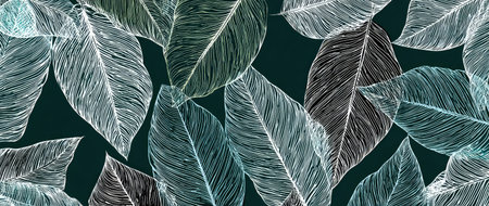 A repeating pattern features overlapping leaves in shades of white, teal, and gray against a dark background. The image employs a line art style, creating a textured aesthetic suitable for various design applications. It could be utilized in print or digital formats, providing visual appeal for commercial or editorial uses.の素材