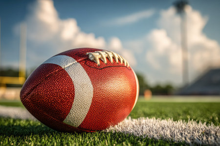 An American football rests on a green grass field, with the white boundary line visible. The image displays the football's texture, color, and stitching. The background reveals a clear blue sky with clouds, suggesting an outdoor setting. This image is suitable for sports-related content, editorial, and marketing materials.の素材